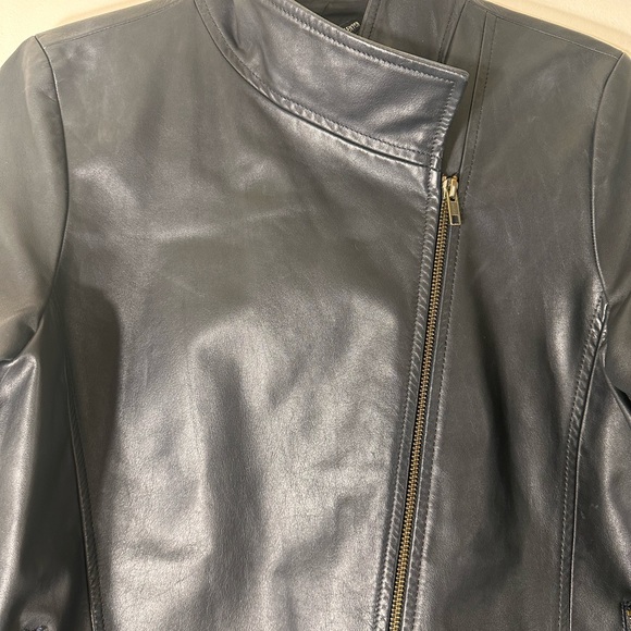 Eileen Fisher Leather black moto biker jacket Asymmetrical zip size small - Picture 8 of 16